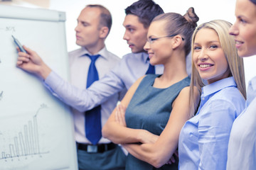 business team with flip board having discussion