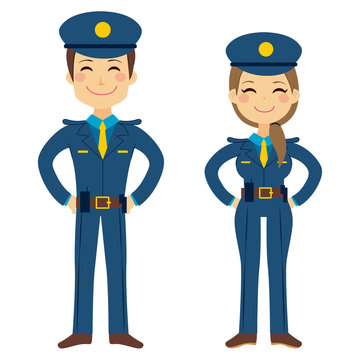 Cute police man and woman agents working in uniform standing happy