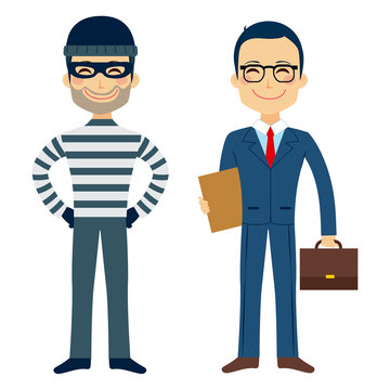 Happy thief and confident lawyer funny cartoon characters