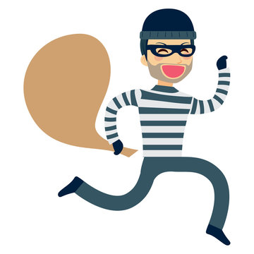 Funny thief running happy with sack on robbery