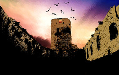 Landscape with castle ruins, sky and silhouettes of birds. Dark silhouette of castle with tower, walls and birds