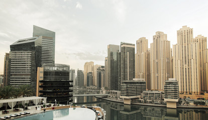Dubai city seafront with hotel infinity edge pool