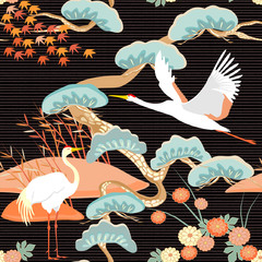 Chinese seamless pattern with pine trees and cranes. Vector.