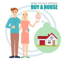 Young family saves money to buy a house. Flat design vector Illustration beautiful couple collect money to buy a house.
