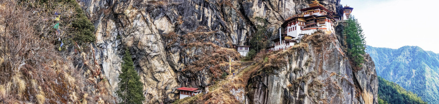 Taktshang Goemba or Tiger's nest Temple or Tiger's nest monastery the beautiful buddhist temple.The most sacred place in Bhutan is located on the high cliff mountain with sky of Paro valley, Bhutan.