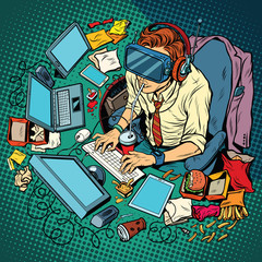 IT geek working on computers, virtual reality - obrazy, fototapety, plakaty