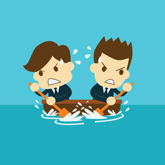 two businessmen rowing in opposite directions.the boat is not go