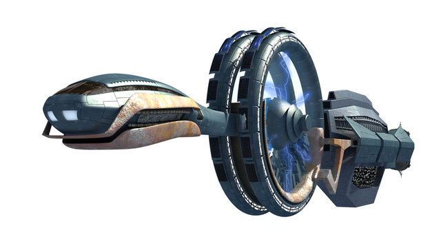 3d Illustration of a spacecraft with gravitational energy field side wheels, for games, futuristic exploration or science fiction backgrounds, with the clipping path included in the file.