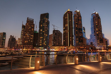 Modern buildings in Dubai Marina at night. UAE