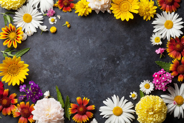 Garden flowers over stone table background