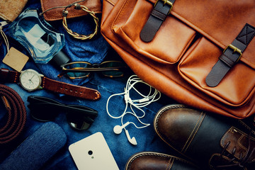Men's casual outfits with accessories flat lay background