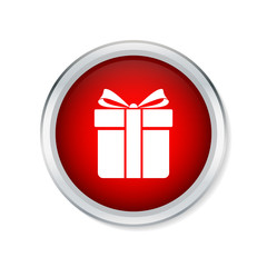 Gift box icon on red round button - Vector