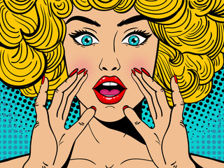 Sexy surprised blonde pop art woman with wide open eyes and mouth and rising hands screaming. Vector background in comic retro pop art style. Party invitation.