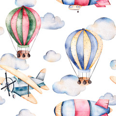 Naklejka premium Seamless pattern with air balloons,airship,clouds and the plane in pastel colors.Watercolor air ballons beautifully decorated on white background and other aircrafts.Perfect for wallpaper
