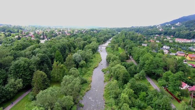 Mountain river and green riverbank from above. Ustron. Poland