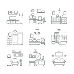 Home room icons set. Interior design room types. Living room, bedroom, bathroom, work space