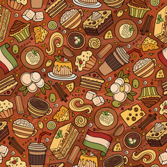 Cartoon cute hand drawn Italian food seamless pattern.