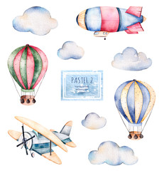 Naklejka premium Watercolor collection with air balloons, clouds,airship and the plane in pastel colours.Handpainted air ballons beautifully decorated on white background,pastel clouds and others aircraft .Pastel set
