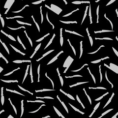 Silhouettes Knives Seamless Pattern on Black. Kitchen Accessories. Bladed Weapons Collection