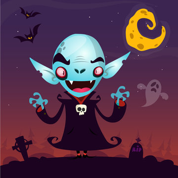 Cute cartoon vampire. Halloween vampire character isolated on dark background fith cemetery, ghost and moon. Great for card or poster