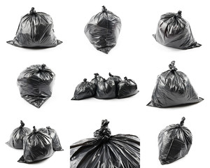 Collage of black garbage bags