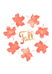Fall watercolor hand drawn lettering and orange maple leaves