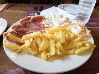 french fries iberian ham and eggs