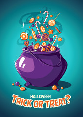 Halloween vintage vector poster. Trick or treat. Magic cauldron and sweets