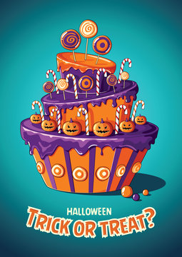 Halloween vintage vector poster. Trick or treat. Cake and sweets