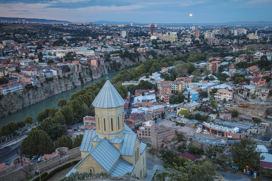 Georgia, Tbilisi, View of Narikala Fortress and St Nicholas church.