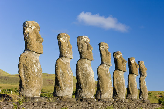 Chile, Rapa Nui, Easter Island, Ahu Akivi, row of monolithic stone Moai statues