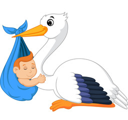 Cartoon stork carrying cute baby
