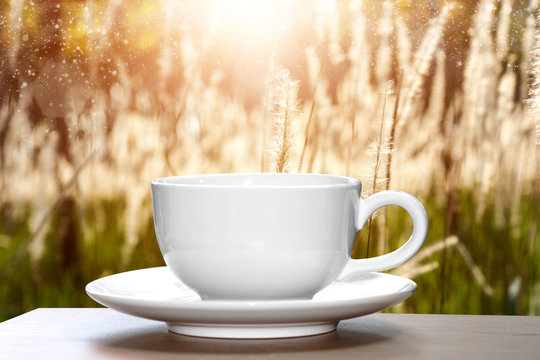 White cup coffee with nature background.