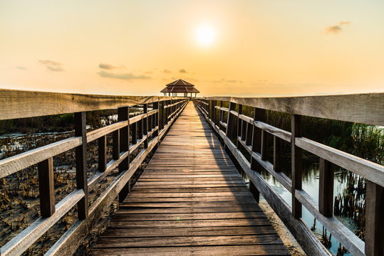 Wood Bridge In Sunset Time At Sam Roi Yot National Park, Thailand