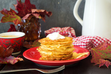 Stack of pancakes crepes decorated for autumn