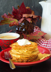Stack of pancakes crepes decorated for autumn
