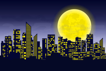 Panorama of the big city at night. Silhouettes of skyscrapers different construction in the dark town with glowing windows on a background of a large moon. Concept design banner. Vector illustration