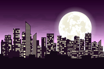 Panorama of the big city at night. Silhouettes of skyscrapers different construction in the dark town with glowing windows on a background of a large moon. Concept design banner. Vector illustration