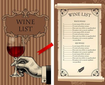 Wine list with hand holding a wineglass and old parchment