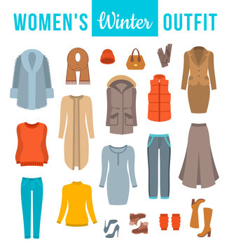 Women winter clothes flat vector icons set. Must have fashion elements of modern urban female outfit, shoes and every day accessories for cold season. Warm clothing wardrobe. Casual style collection