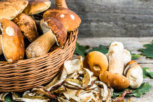 Dried mushrooms  and fresh boletus mushroom in a basket on rusti