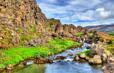 Fototapeta na wymiar Water in a fissure between tectonic plates in the Thingvellir National Park, Iceland
