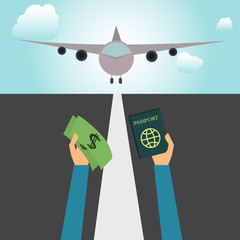 Hands holding money and passport on an airfield with airplane.