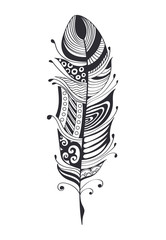Hand drawn feathers. ink vector illustration. boho style design elements. ethnic creative doodles. isolated on white background