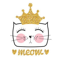 Cute Hand Drawn Cat Vector Illustration. Little Princess with Crown Concept