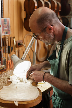 Violin maker carving and cutting on wooden corpus for new instru