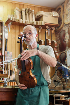 Instrument maker in his workshop checking finished violin
