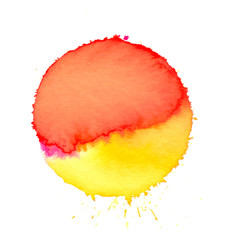 Colorful abstract watercolor circle with splashes and spatters. Modern creative watercolor background for trendy design.