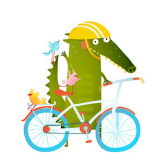 Cartoon green funny crocodile in helmet with bicycle and birds friends