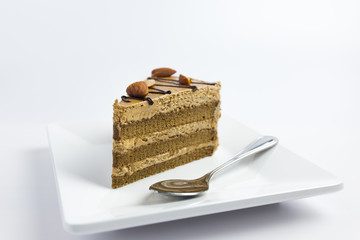 Coffee cake in dish on white background